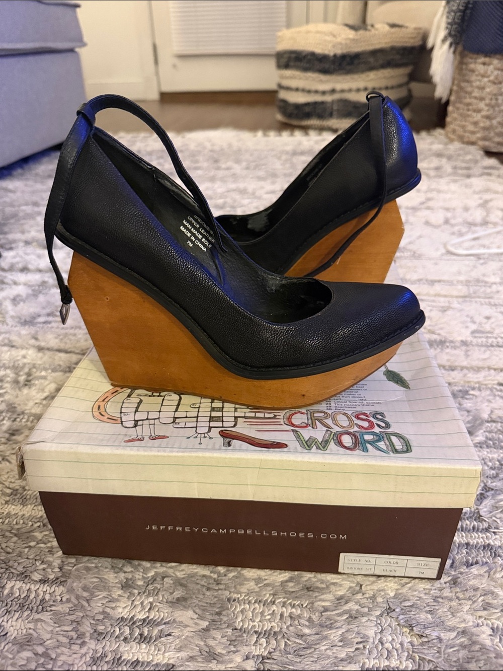 Jeffrey Campbell Black Leather Wedge Pumps with Wooden Platform